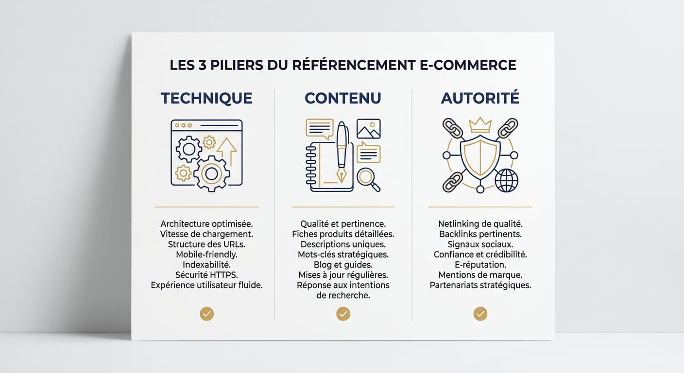 Infographie des trois piliers du référencement d'une boutique en ligne