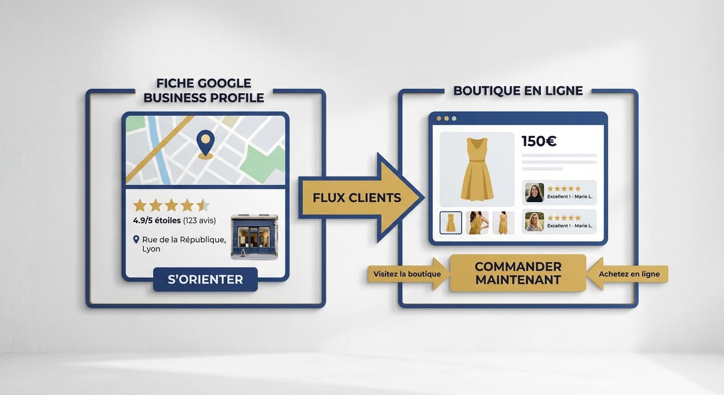 Infographie du couplage entre Google Business Profile et boutique en ligne