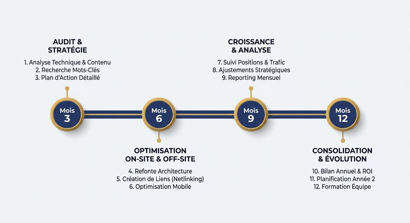 Infographie de la timeline d'un projet de référencement de boutique en ligne sur 12 mois