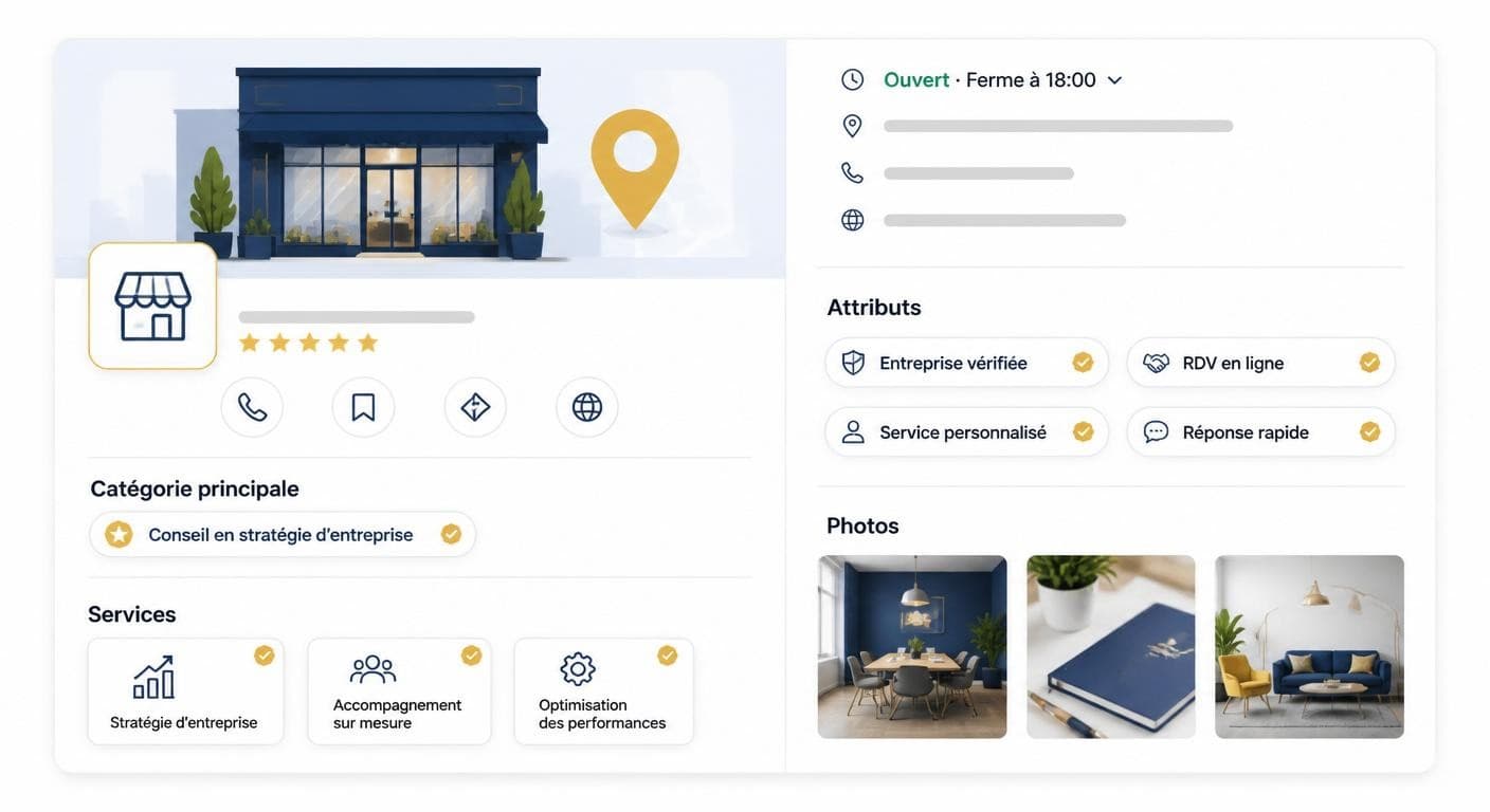 Illustration des champs à fort impact d'une fiche Google Business Profile