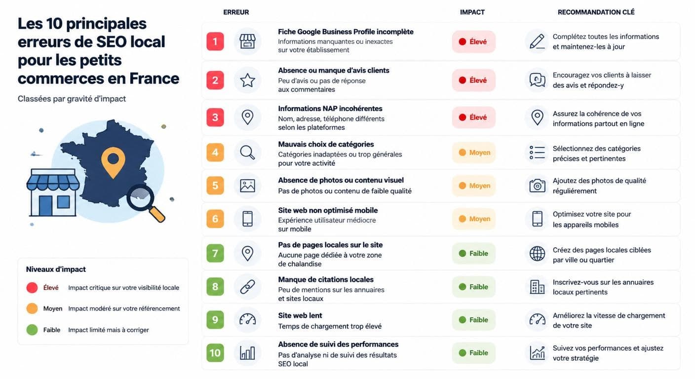 Infographie des 10 erreurs de référencement local classées par gravité