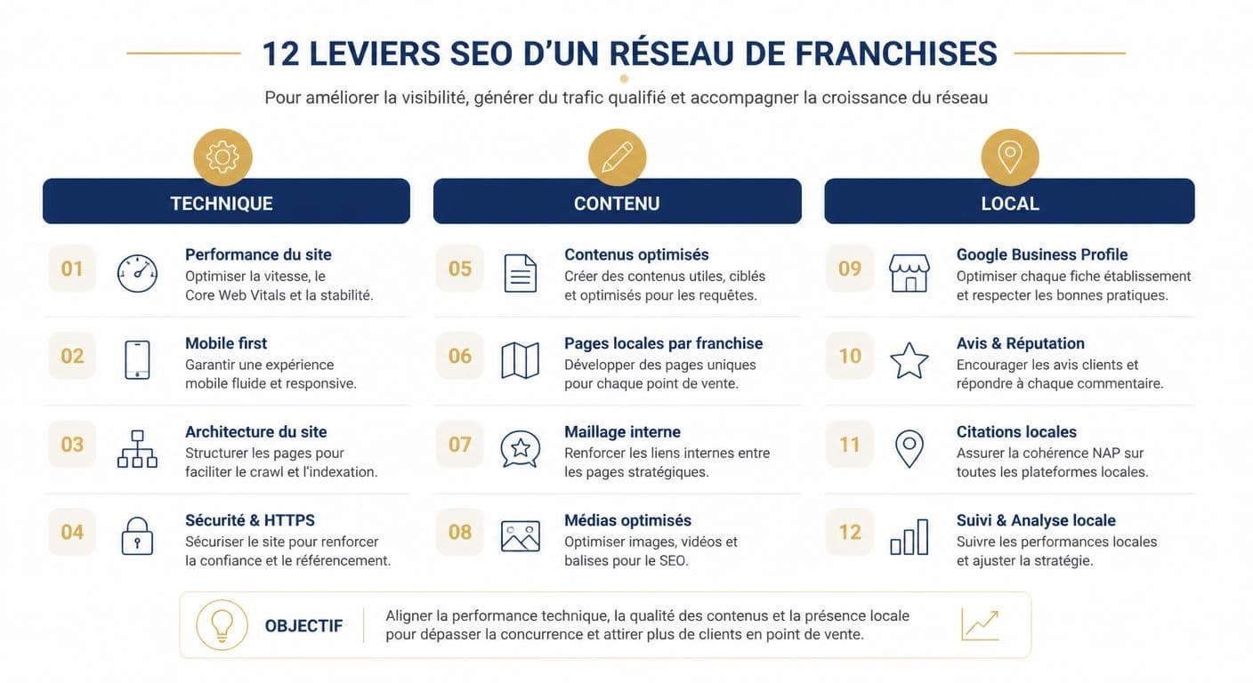 Les 12 leviers SEO d'un réseau de franchises répartis en trois catégories