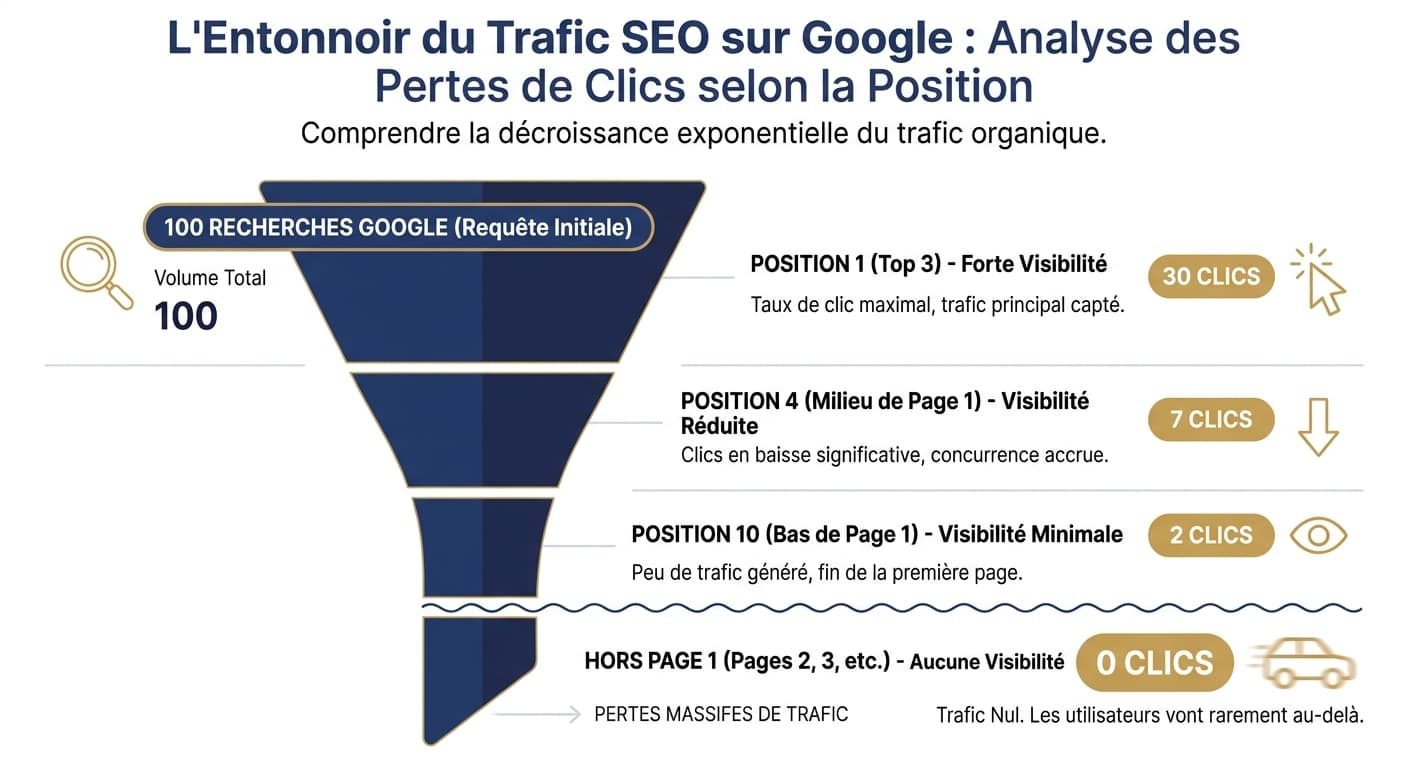 Entonnoir de visibilité d'un garage automobile sur Google selon la position