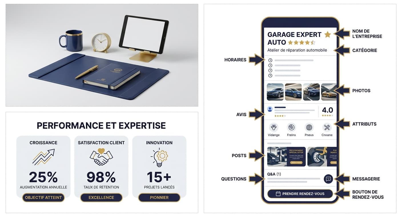 Anatomie annotée d'une fiche Google Business Profile pour un garage automobile