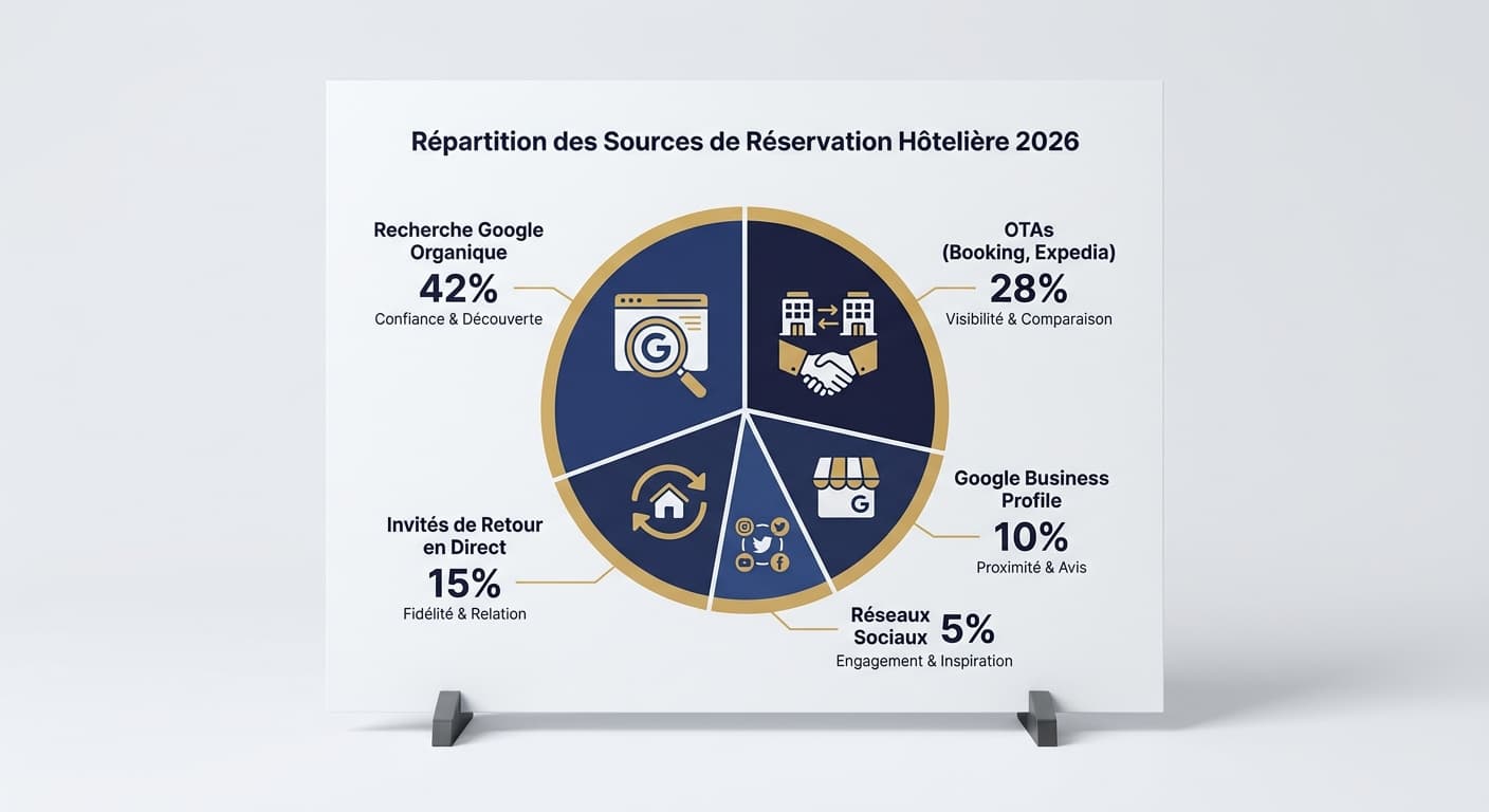 Infographie de la répartition des sources de réservations hôtelières en 2026