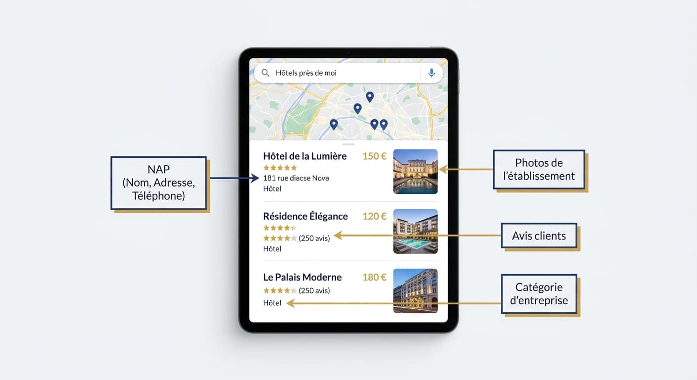 Infographie de l anatomie du Local Pack Google pour un hôtel