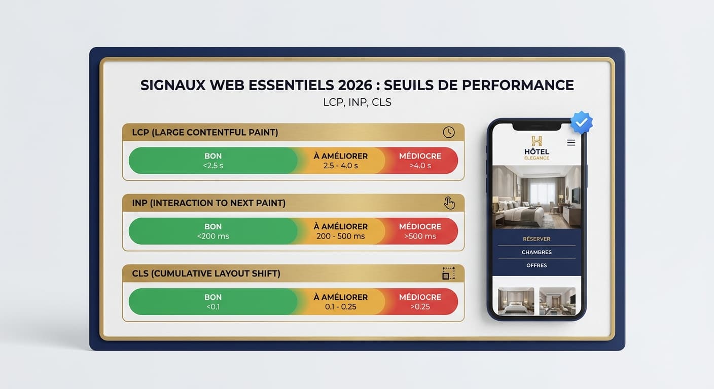 Infographie des Core Web Vitals 2026 pour un site d hôtel