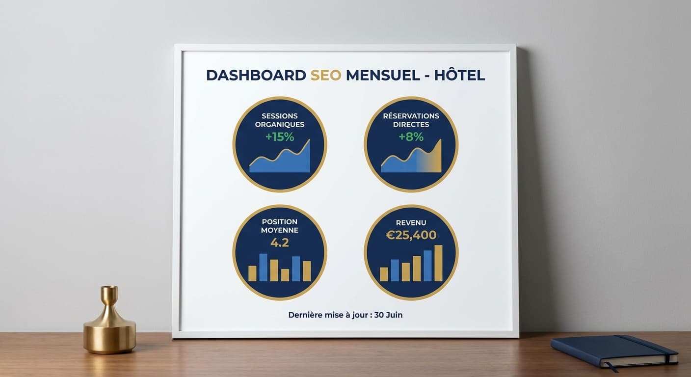 Infographie d un tableau de bord SEO mensuel pour un hôtel