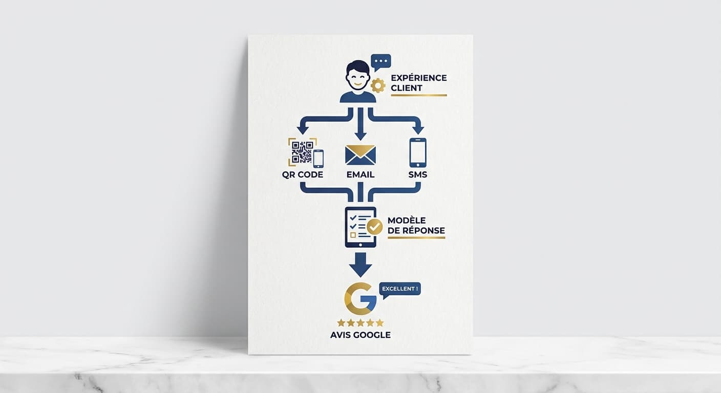 Funnel de collecte des avis clients Google avec QR code, email et SMS