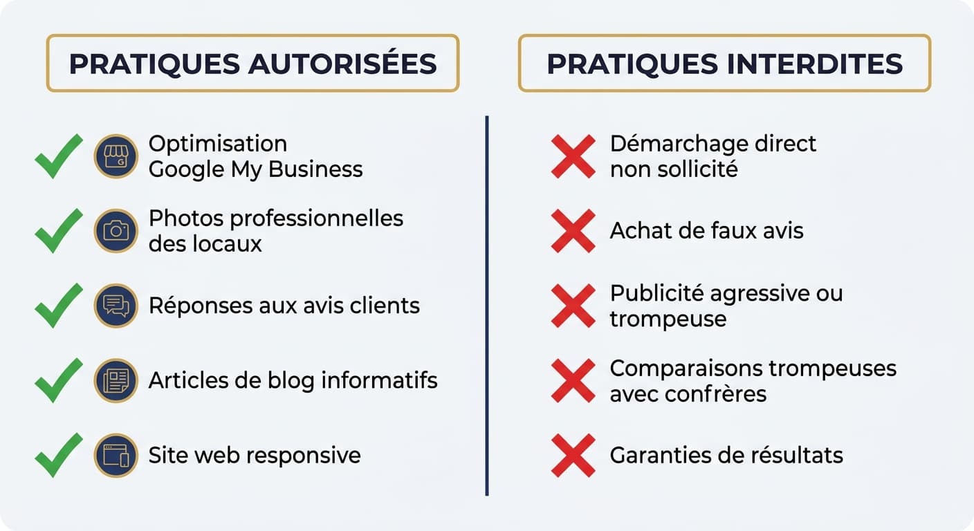 Infographie comparant les pratiques de communication autorisées et interdites pour les professions libérales