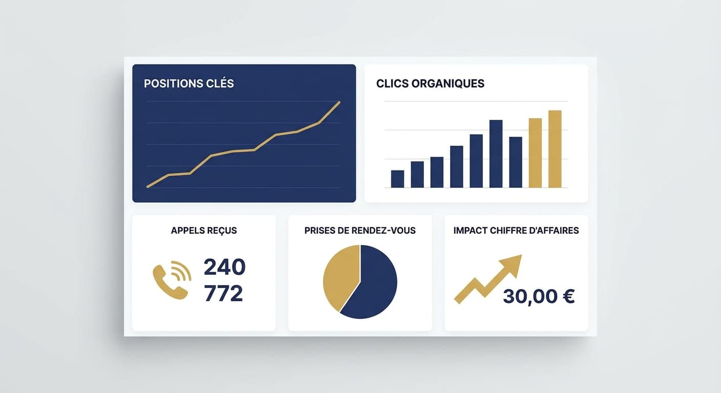 Infographie tableau de bord SEO et indicateurs business pour cabinet libéral