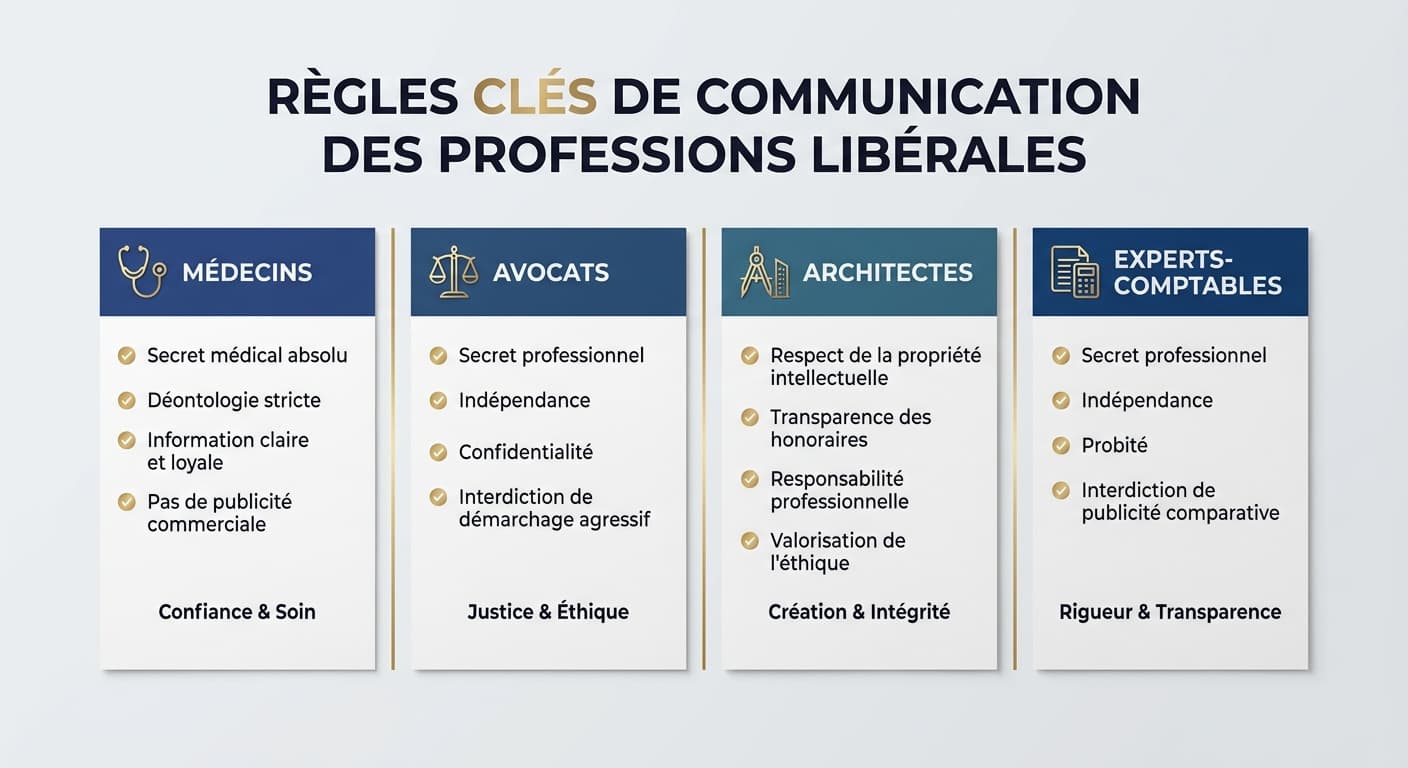 Infographie comparative des règles de communication pour médecins, avocats, architectes et experts-comptables