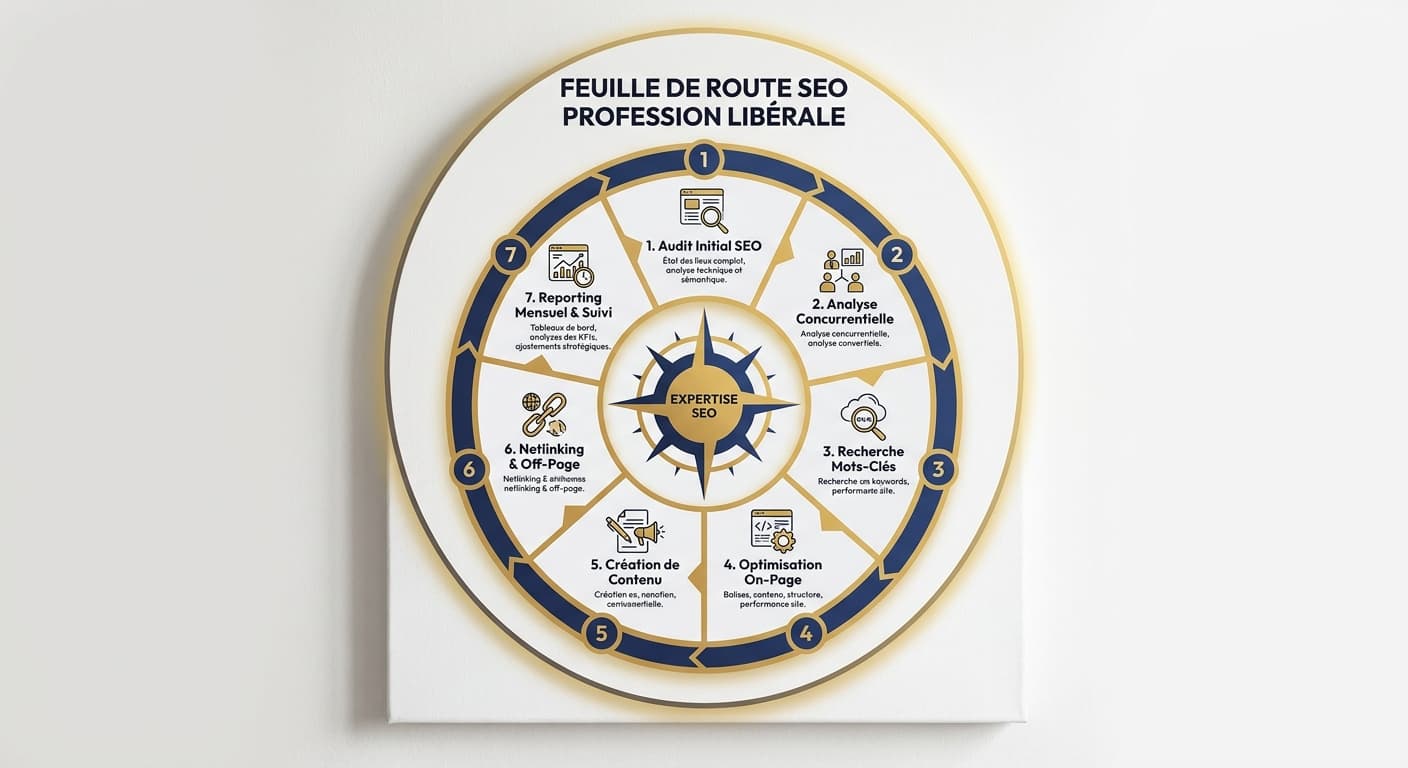 Infographie de la méthodologie SEO en 7 étapes pour profession libérale