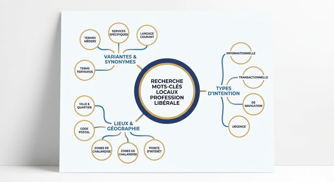 Infographie du processus de recherche de mots-clés locaux pour profession libérale