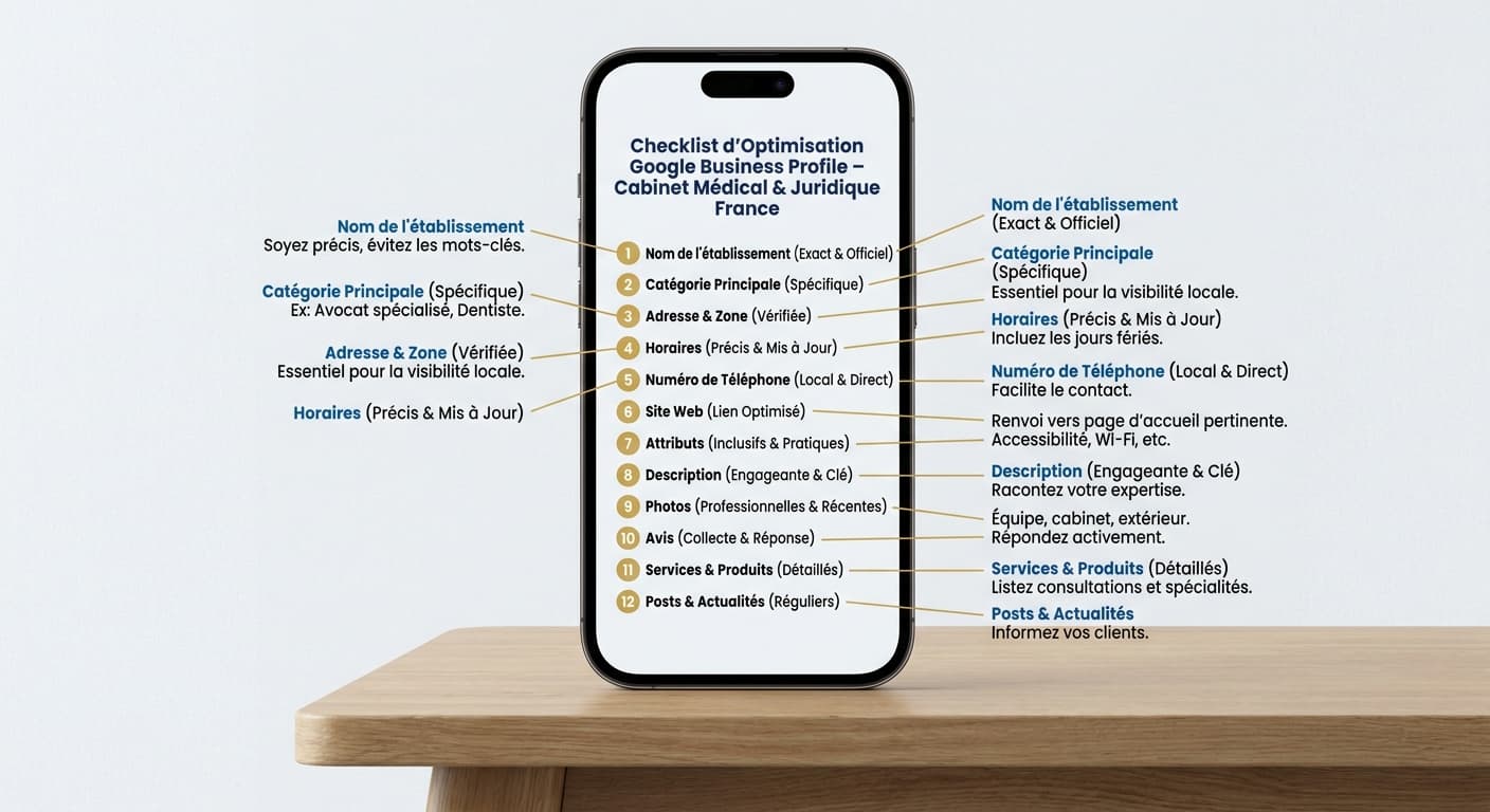 Infographie checklist d'optimisation Google Business Profile pour cabinet libéral
