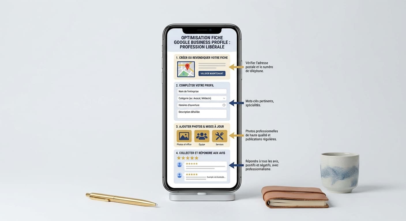 Infographie d'optimisation pas à pas d'une fiche Google Business Profile