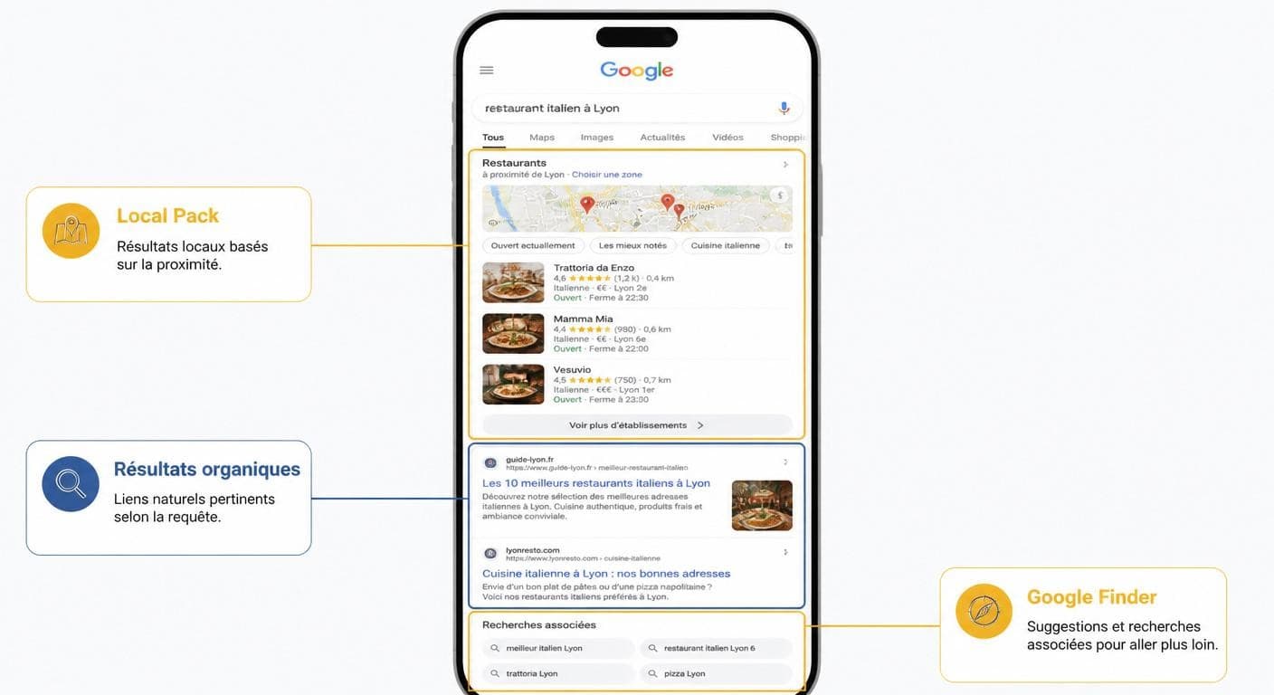 Schéma des trois zones de visibilité d'un restaurant dans les résultats Google