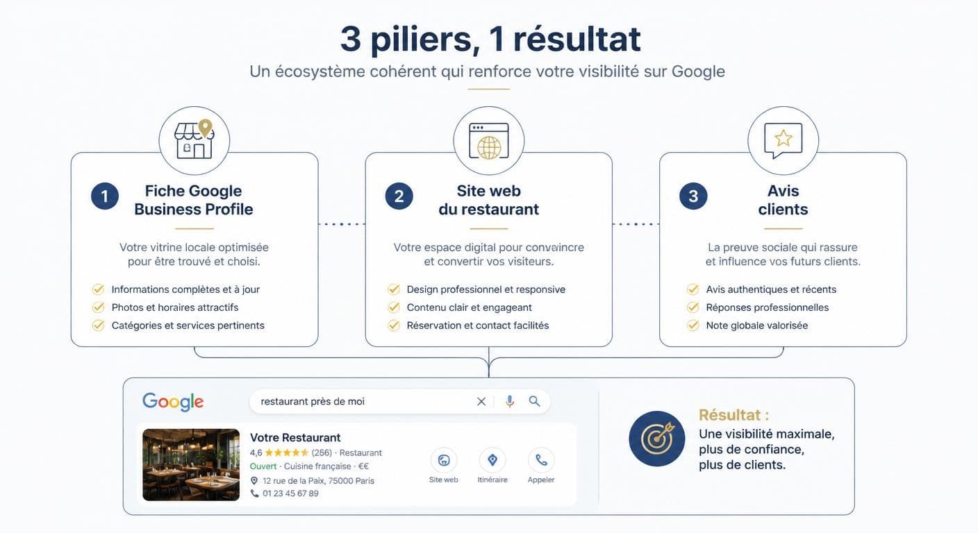 Schéma des trois piliers du référencement restaurant