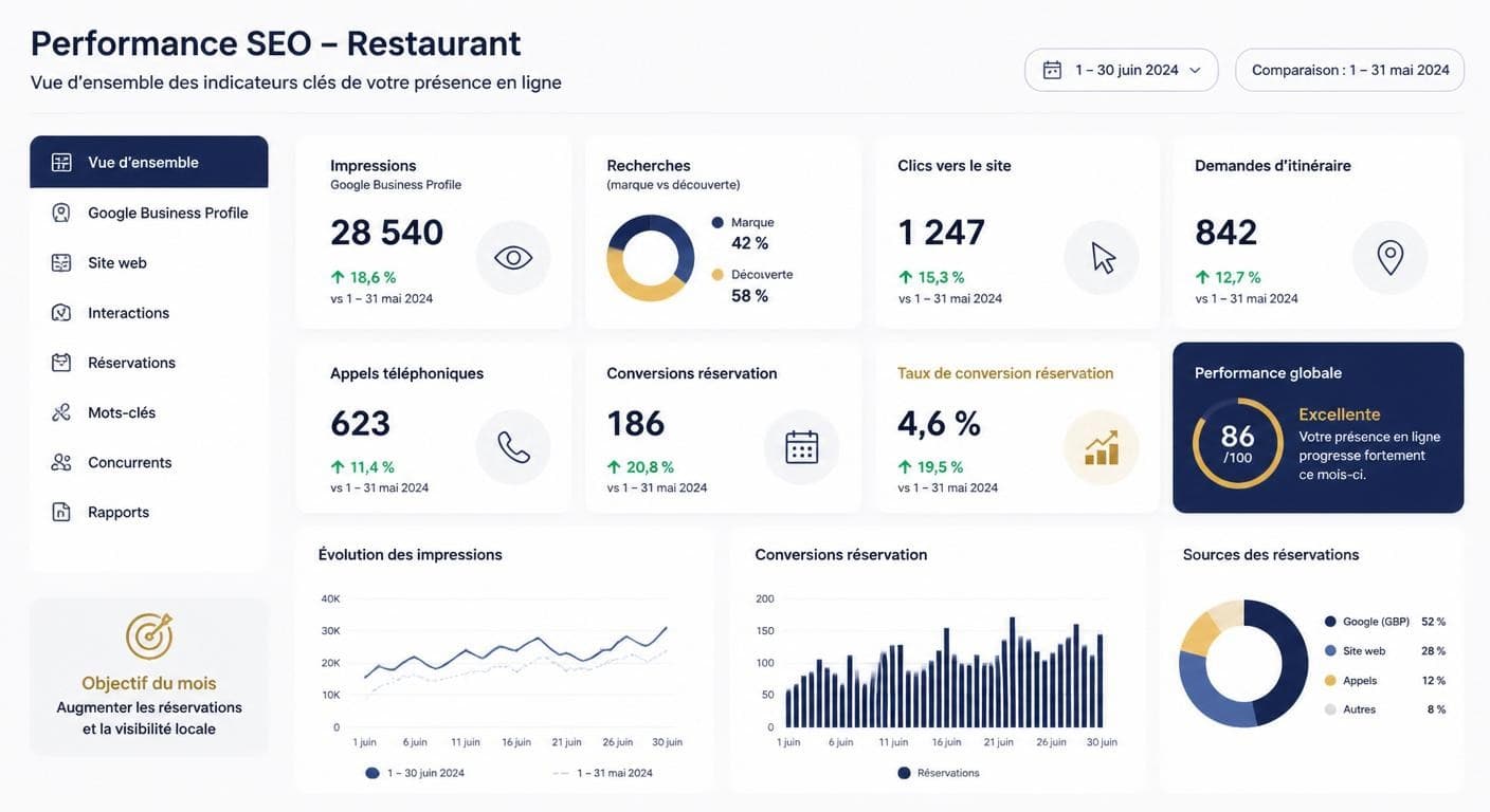 Tableau de bord mensuel des indicateurs clés de référencement d'un restaurant