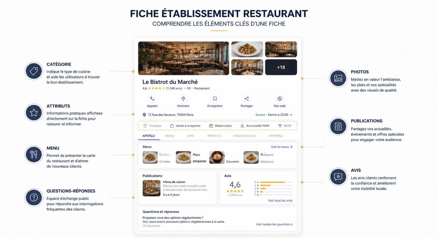 Anatomie annotée d'une fiche Google Business Profile de restaurant optimisée