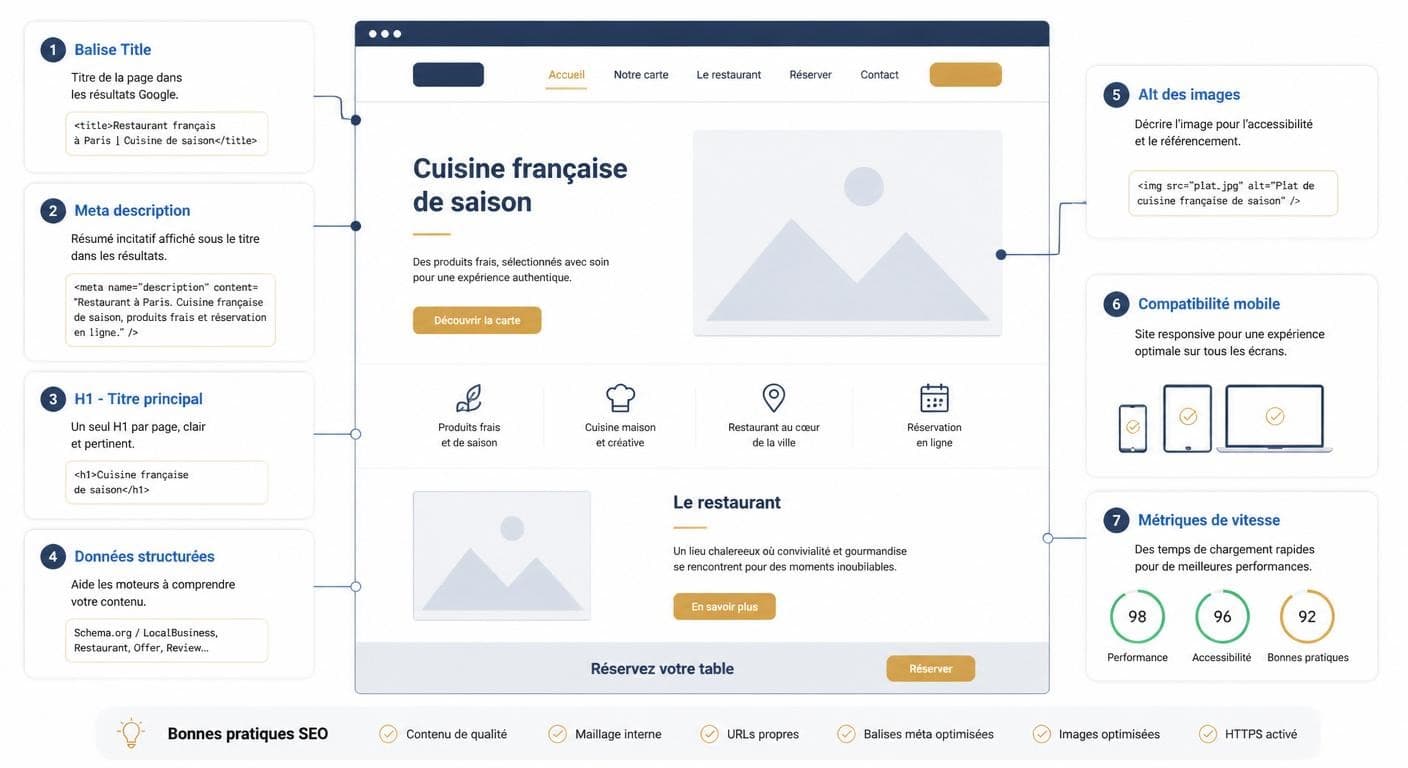 Anatomie annotée d'une page d'accueil de site de restaurant optimisée pour le SEO
