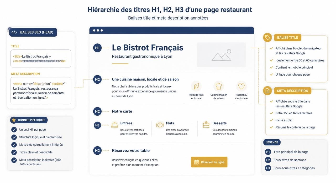 Schéma de la structure Hn et des balises SEO d'une page de site de restaurant