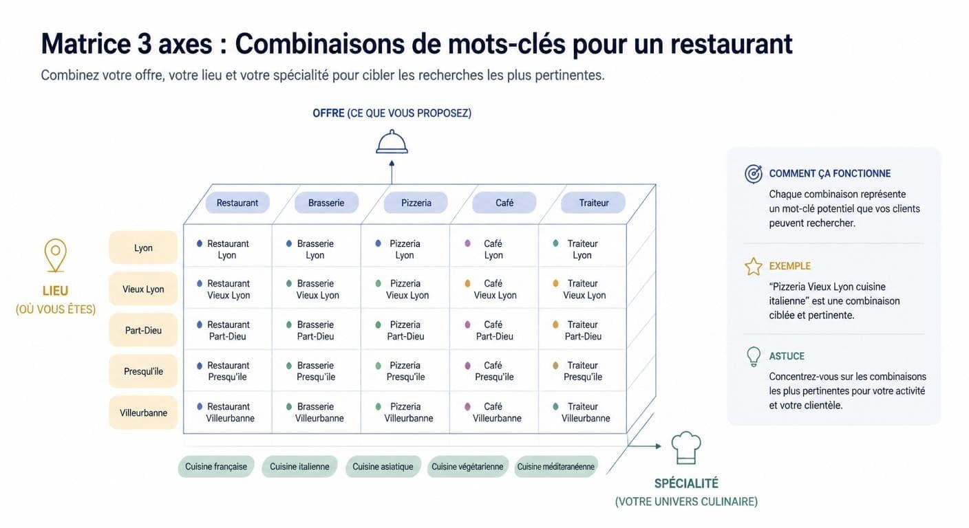 Matrice de mots-clés croisant offre, lieu et spécialité pour un restaurant