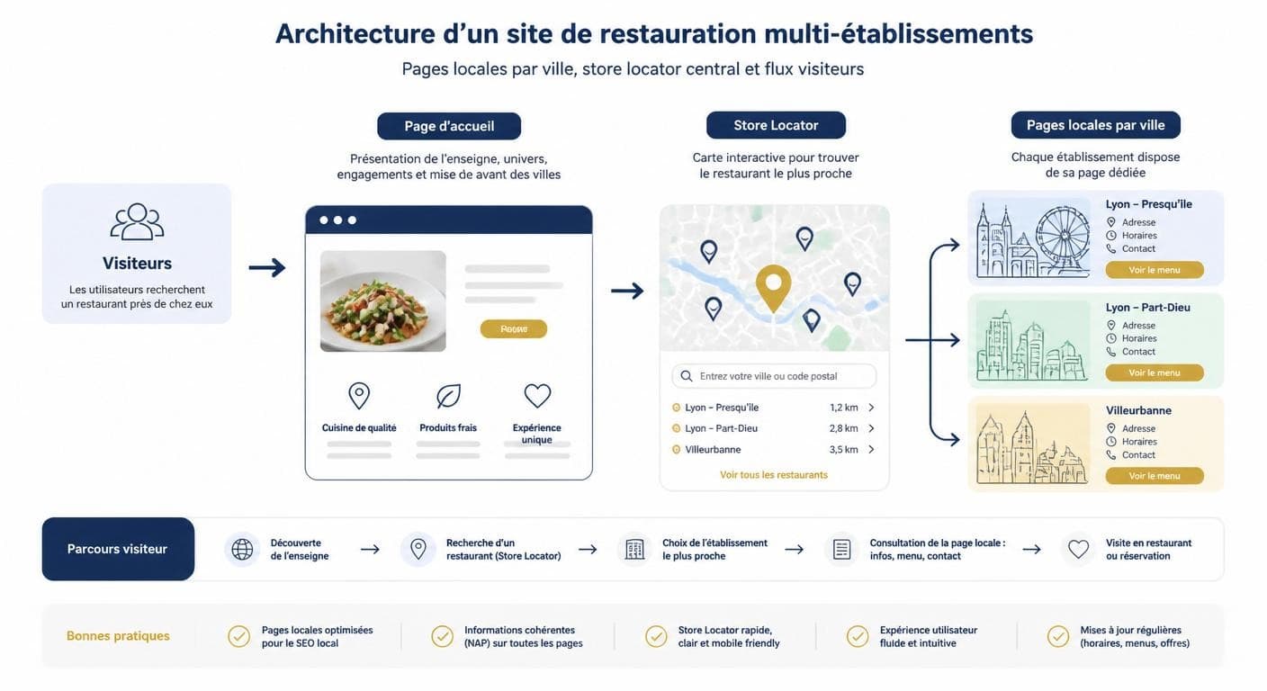 Schéma de l'architecture de pages locales pour un groupe de restaurants multi-établissements