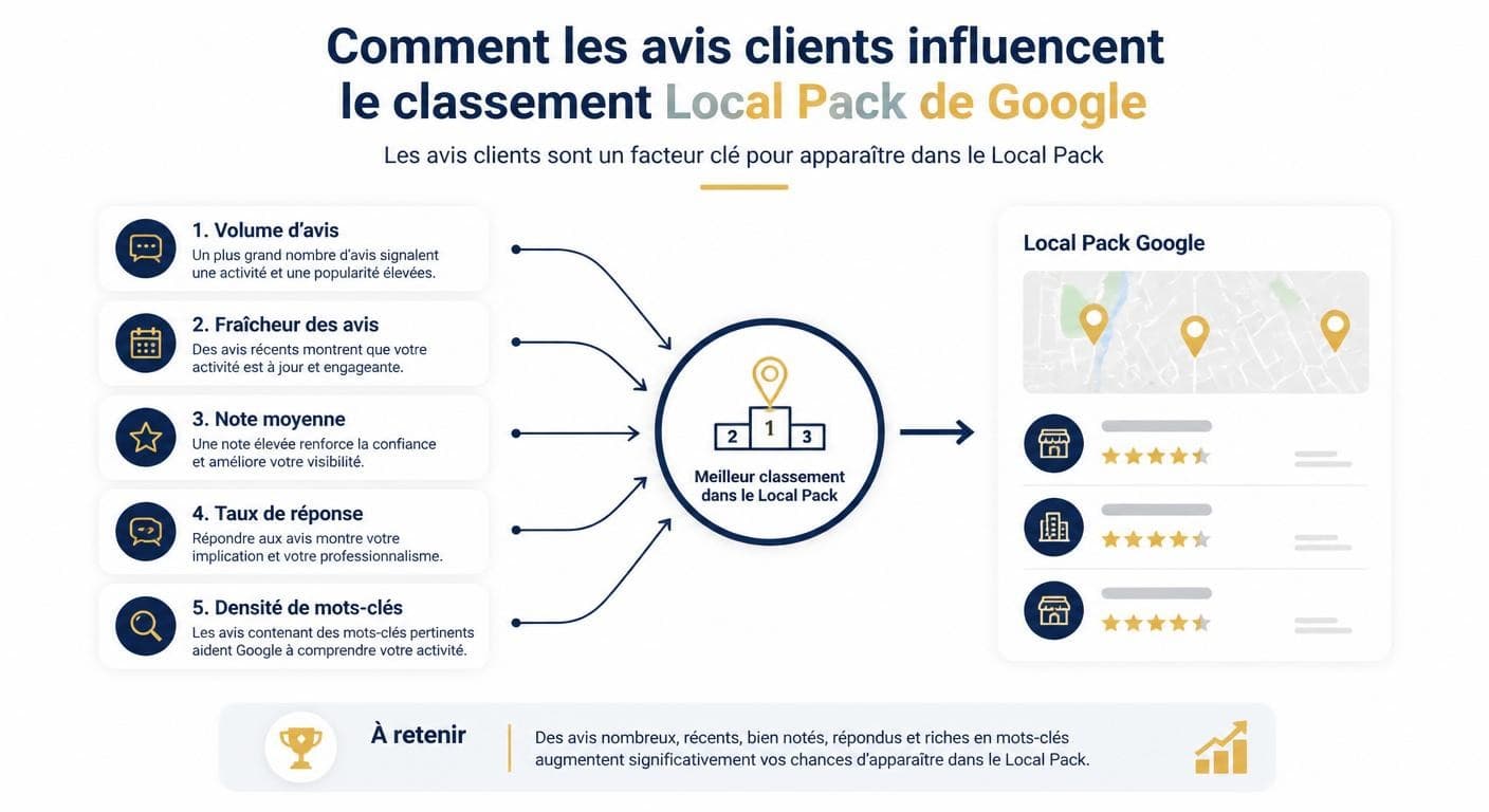 Schéma de l'impact des avis clients sur le classement Local Pack Google