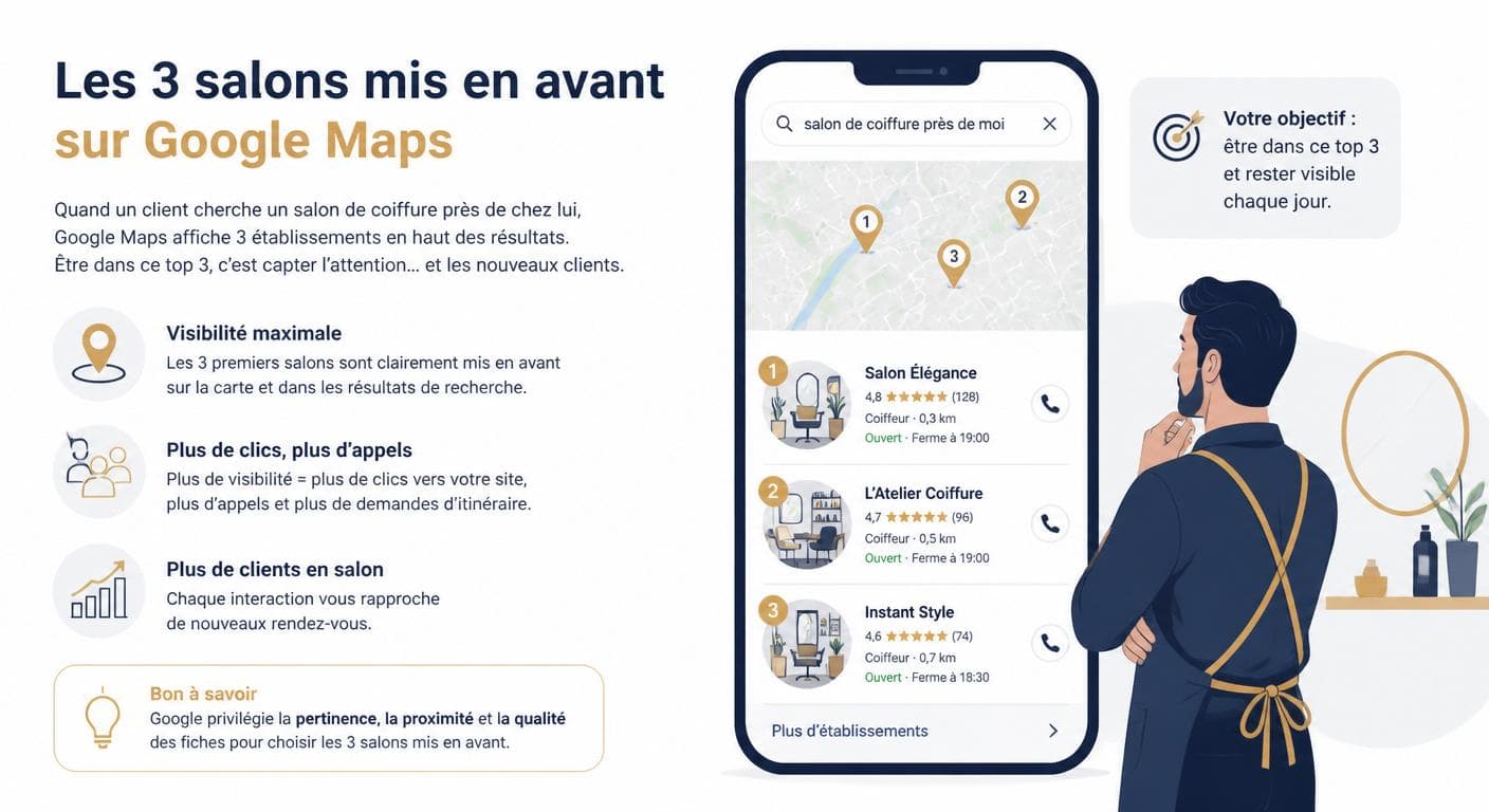 Schéma illustrant la visibilité d'un salon de coiffure dans le Local Pack Google