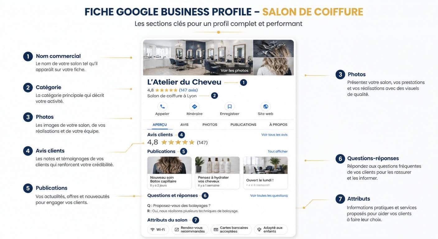 Capture annotée d'une fiche Google Business Profile de salon de coiffure