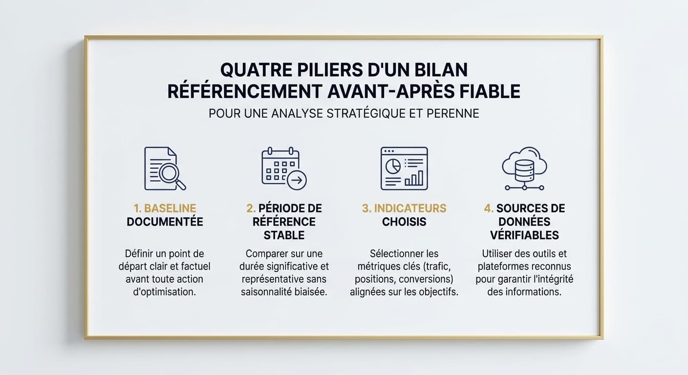 Schéma des quatre piliers d'une comparaison référencement avant/après fiable