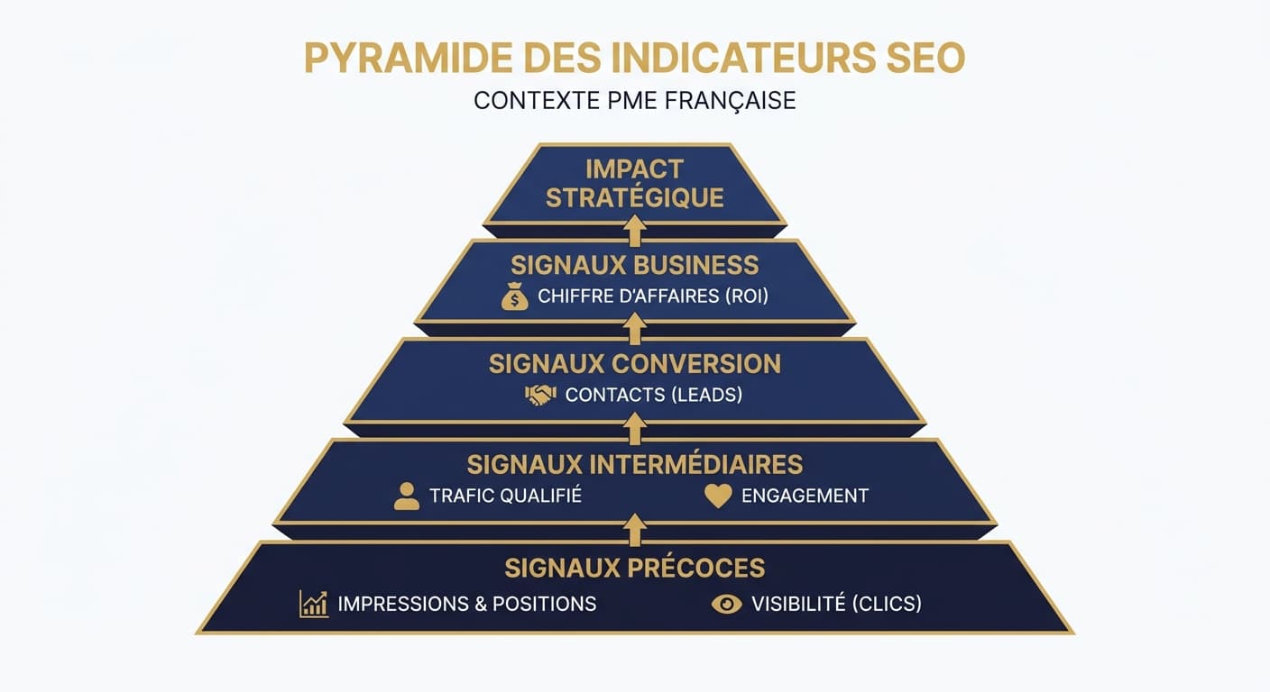 Pyramide des indicateurs SEO du signal précoce au signal business