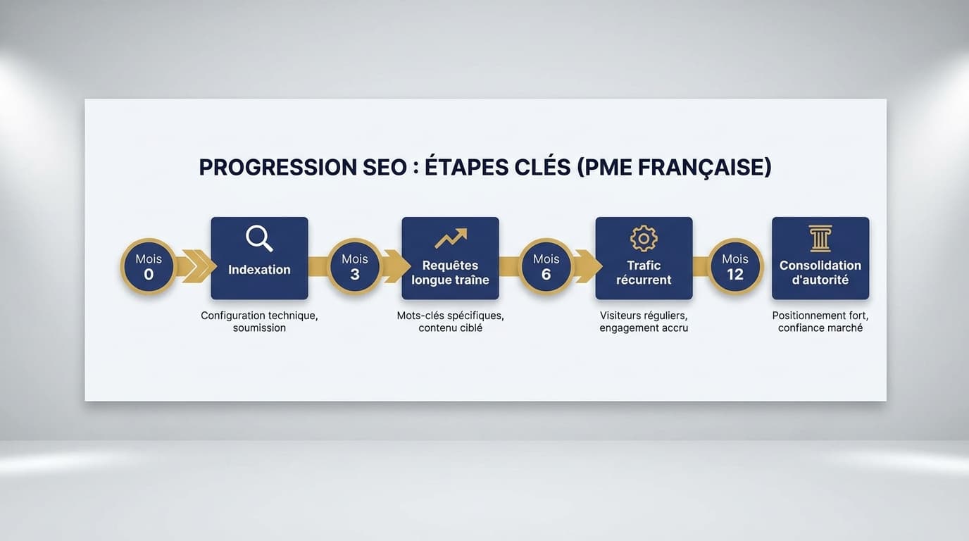 Frise chronologique des étapes de progression SEO sur douze mois