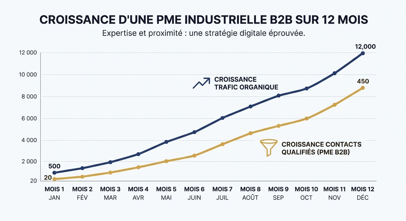 Croissance du trafic et des contacts qualifiés d'une PME B2B sur 12 mois
