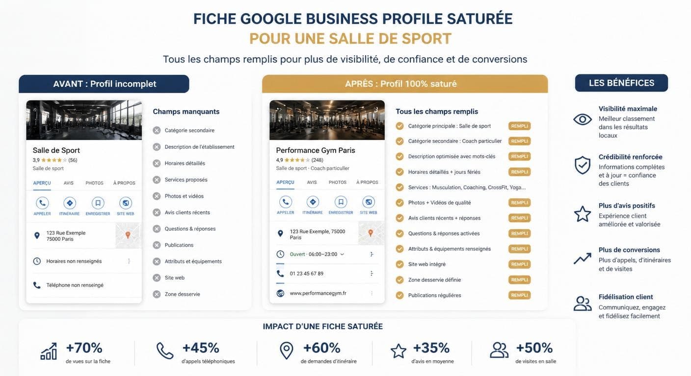 Fiche Google Business Profile saturée pour salle de sport