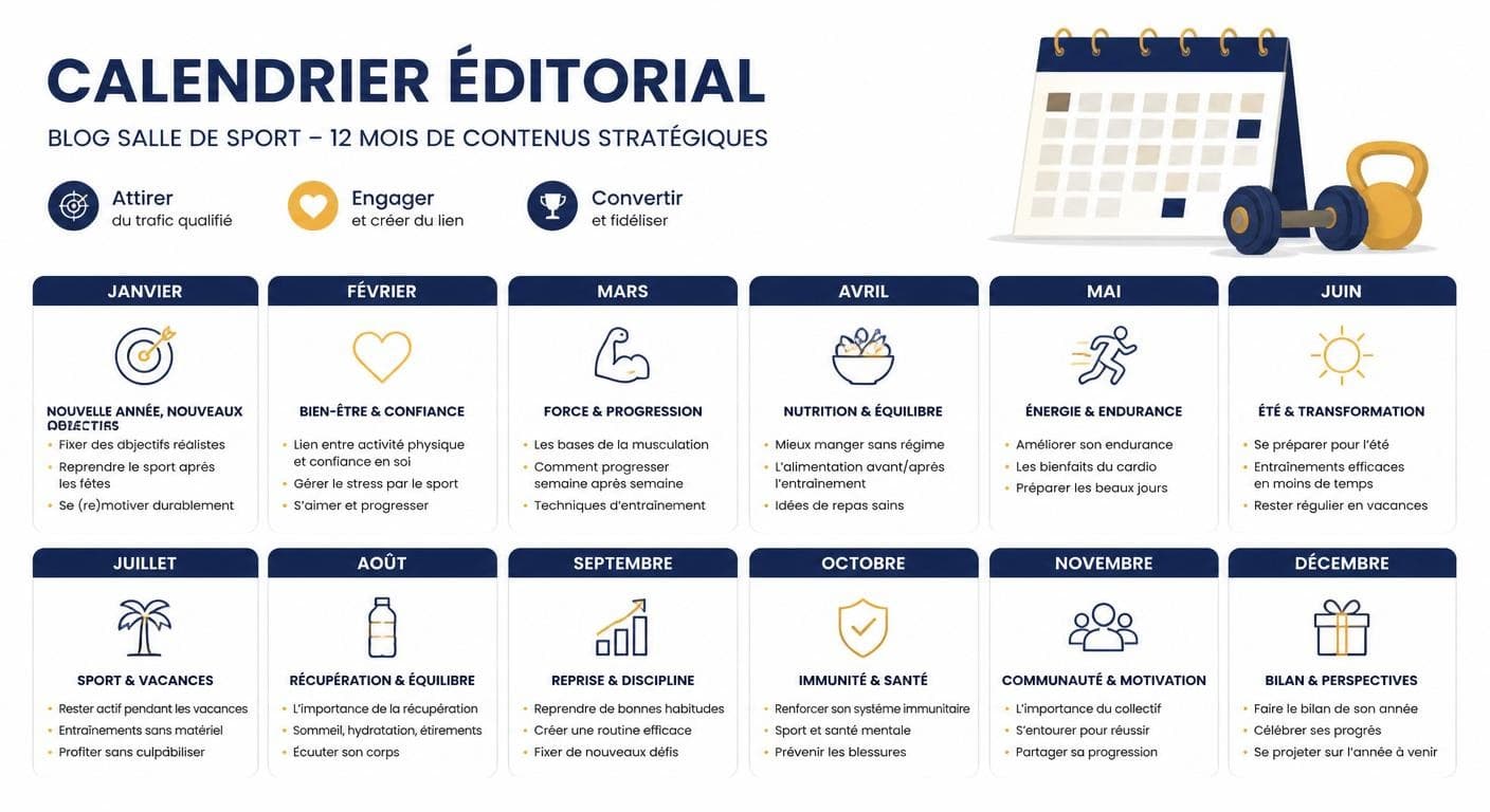 Calendrier éditorial annuel pour le blog d'une salle de sport