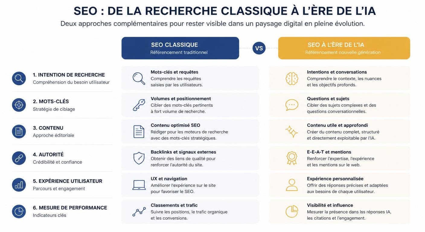 Comparatif visuel entre le SEO classique et le SEO à l'ère de l'intelligence artificielle