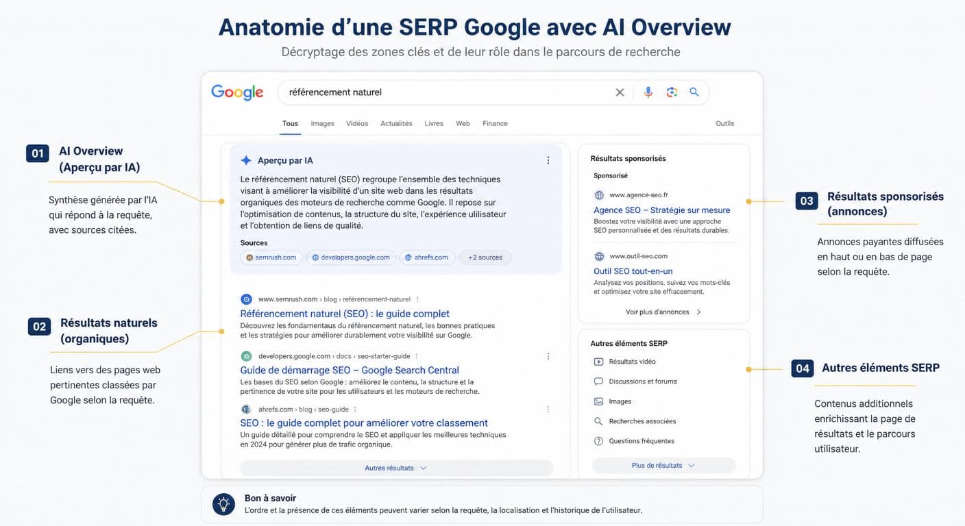 Anatomie d'une page de résultats Google avec un encart AI Overview annoté
