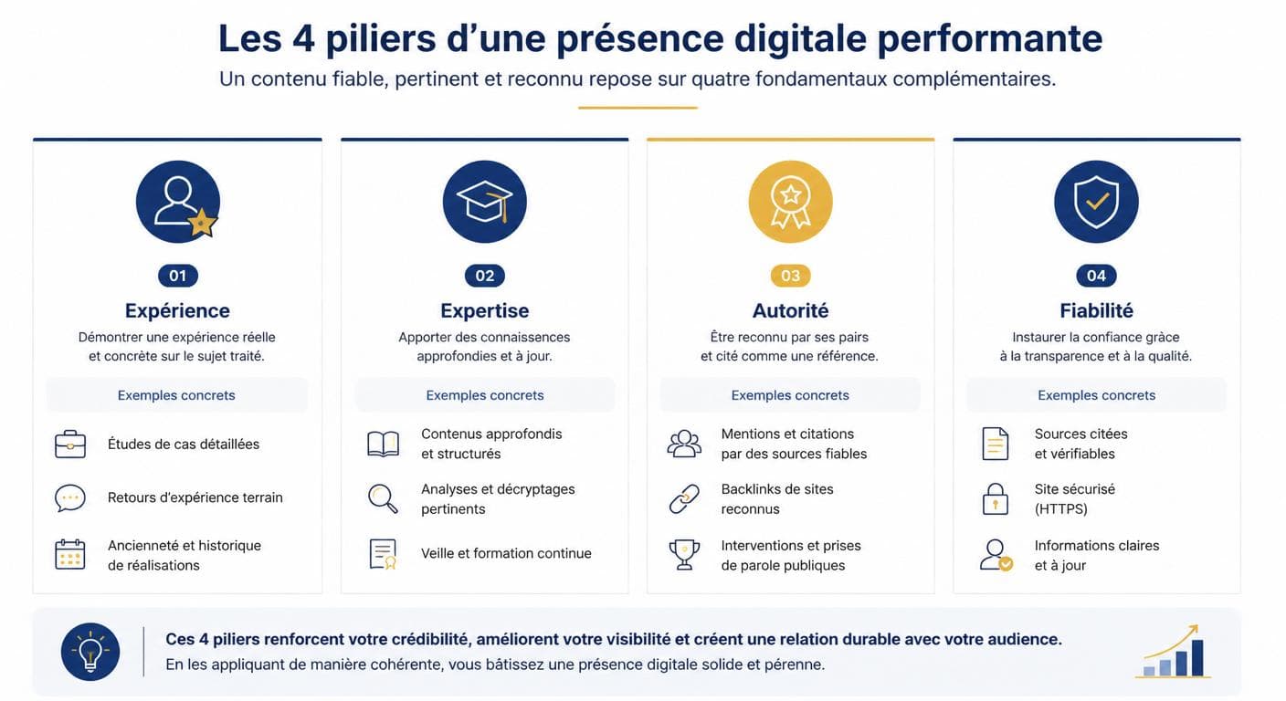 Schéma des quatre piliers E-E-A-T appliqués au référencement à l'ère de l'intelligence artificielle