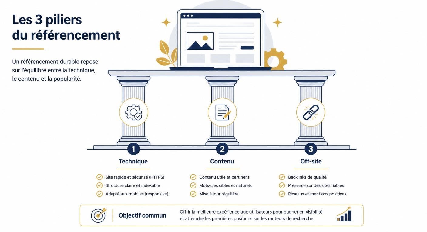 Infographie présentant les trois piliers du référencement et le rôle central du SEO technique
