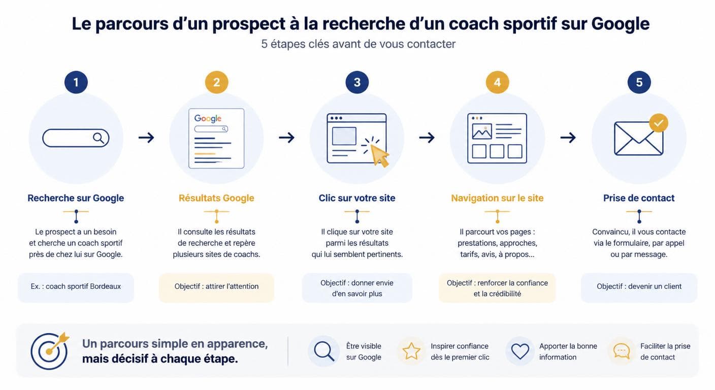 Parcours d'un prospect cherchant un coach sportif sur Google en cinq étapes