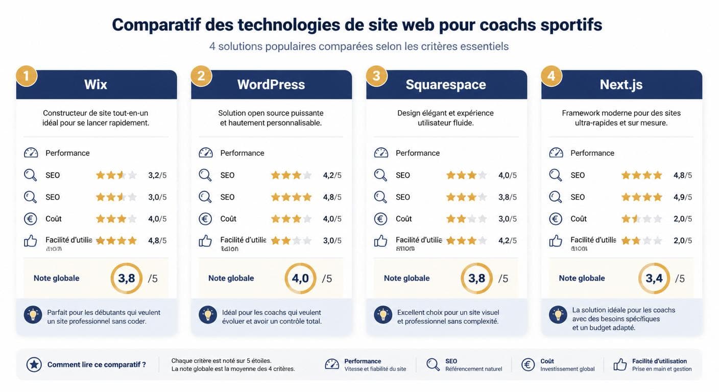 Comparaison des quatre technologies pour créer un site de coach sportif