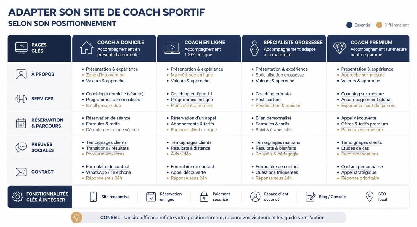 Matrice d'adaptation d'un site internet selon le positionnement du coach sportif