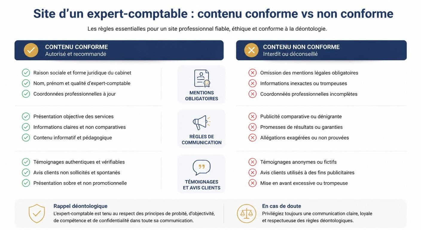 Infographie comparant les contenus conformes et non conformes pour un site d'expert-comptable