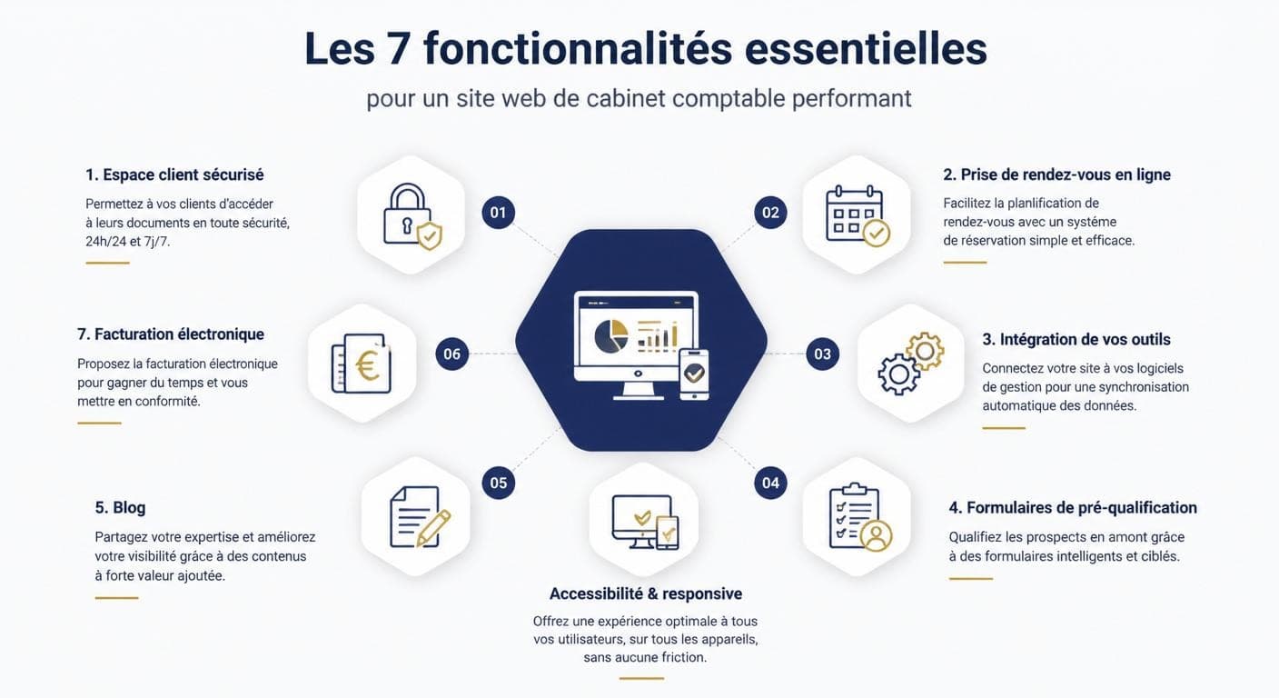 Infographie des sept fonctionnalités essentielles d'un site d'expert-comptable performant