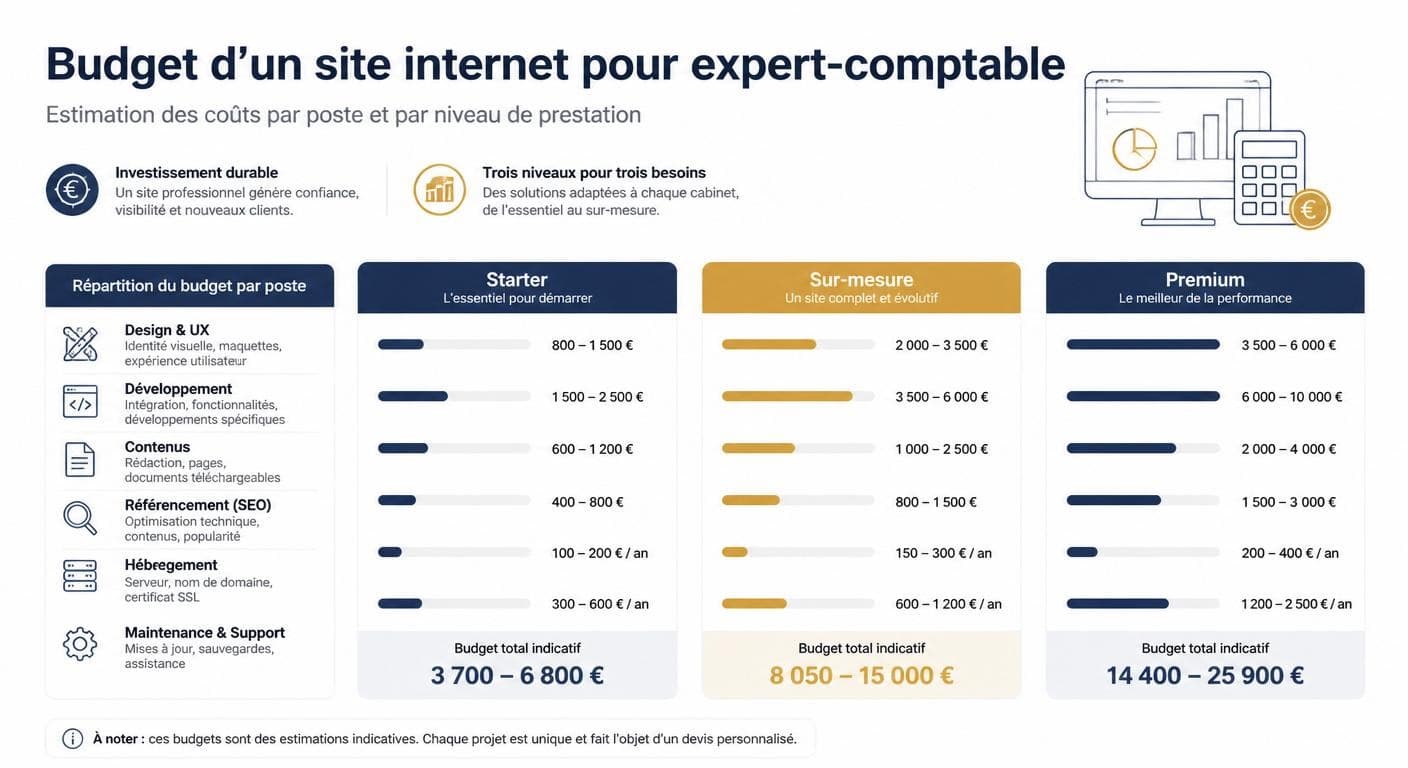 Infographie des budgets de création de site internet pour expert-comptable selon trois niveaux de prestation