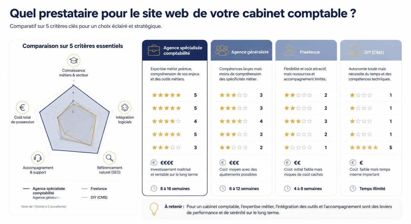 Infographie comparative des quatre types de prestataires pour la création d'un site d'expert-comptable
