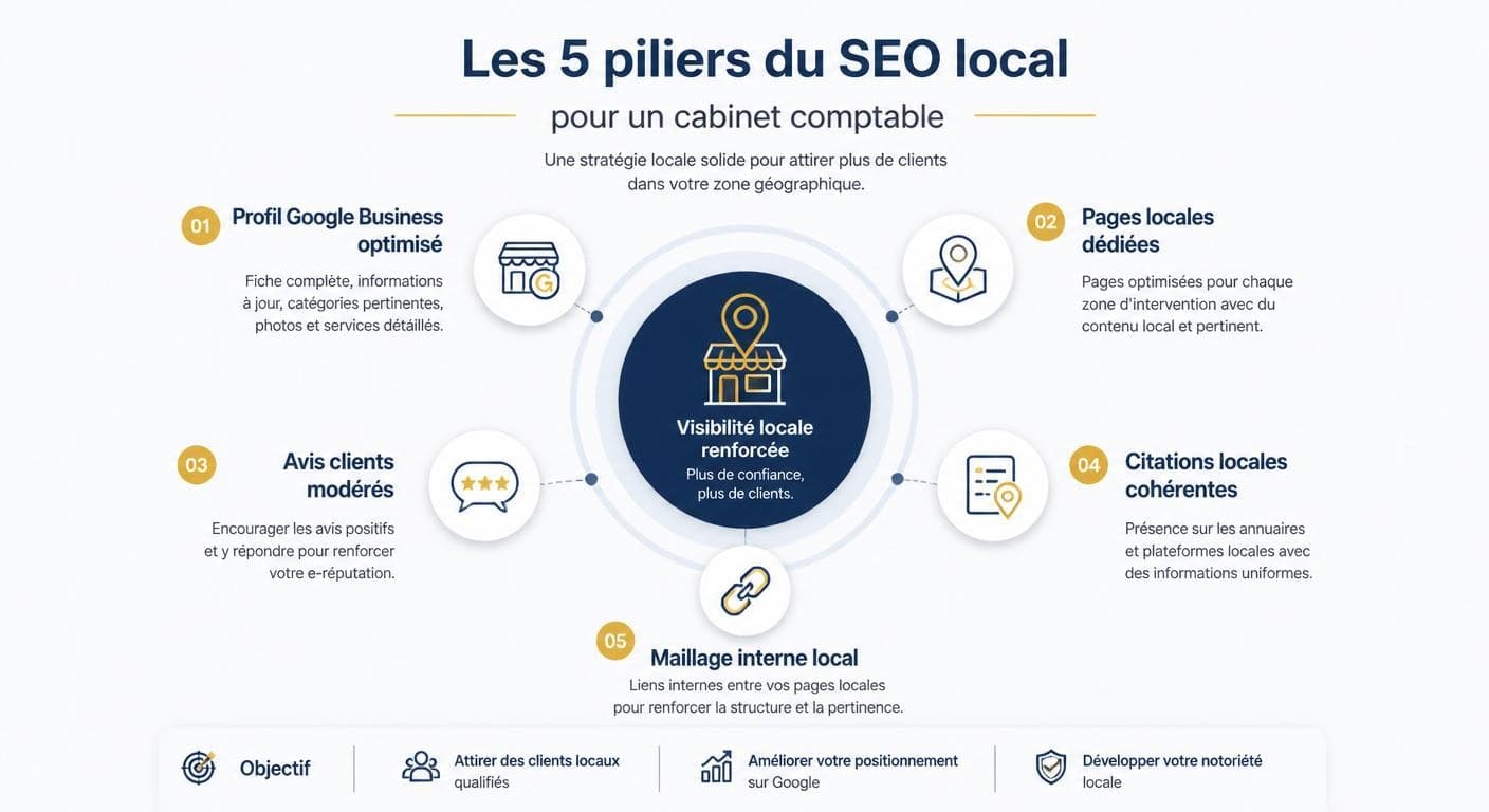 Infographie des cinq piliers du référencement local pour un cabinet d'expertise comptable