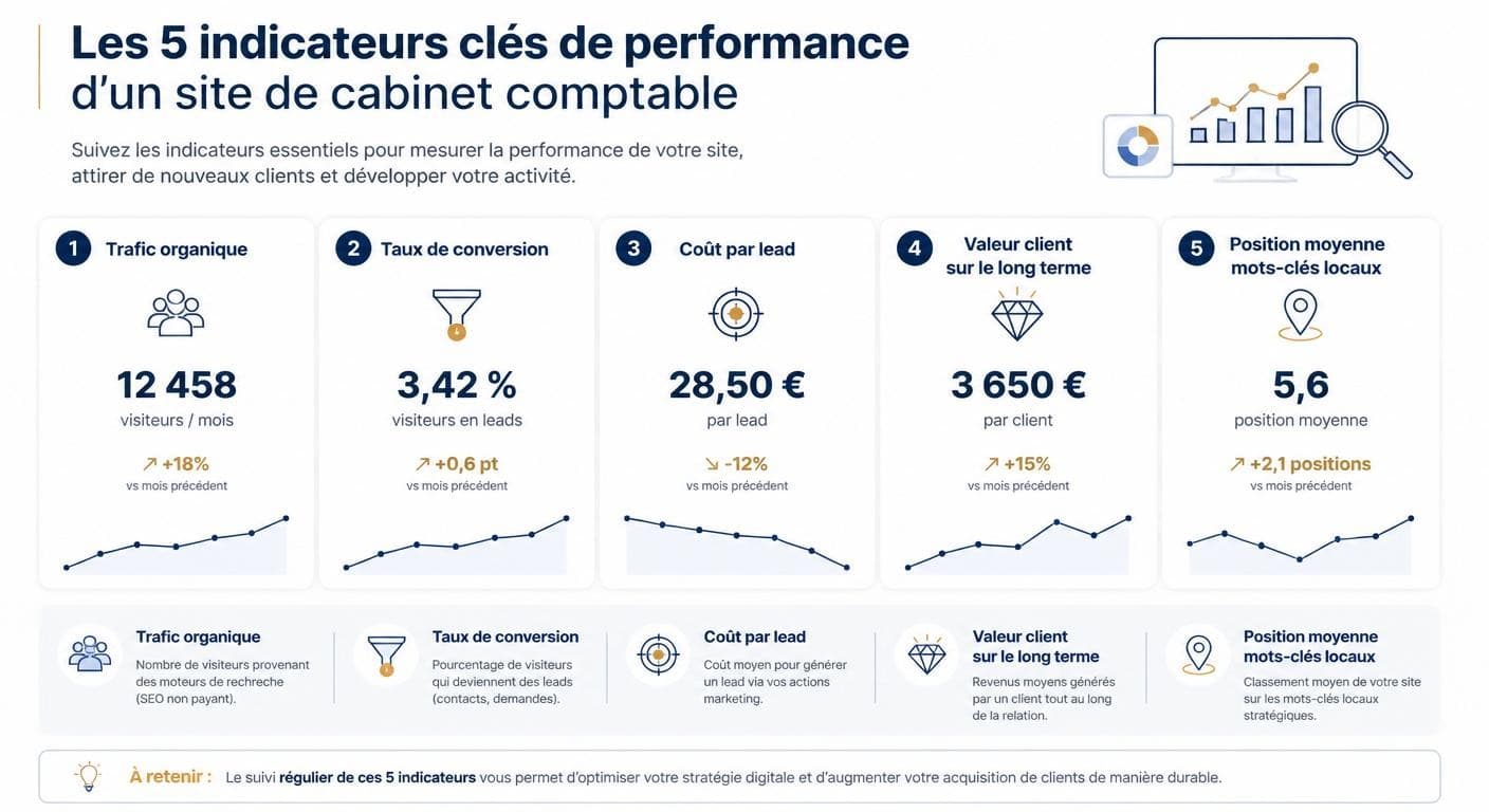 Infographie des cinq indicateurs clés à suivre pour mesurer la performance d'un site d'expert-comptable